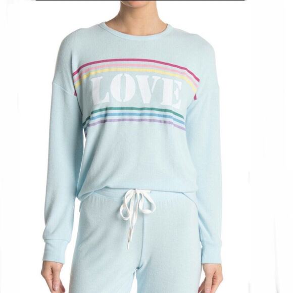 PJ Salvage NWT Women's Rainbow Striped Love Crew Neck Aqua Sweatshirt L - Picture 1 of 5